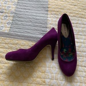 Purple “velvet” material heel, worn once